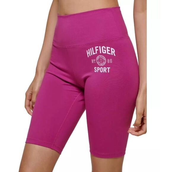 TOMMY HILFIGER SPORT Womens Bike Shorts Small Pink High Rise Foldable Waist NWT - Picture 1 of 10